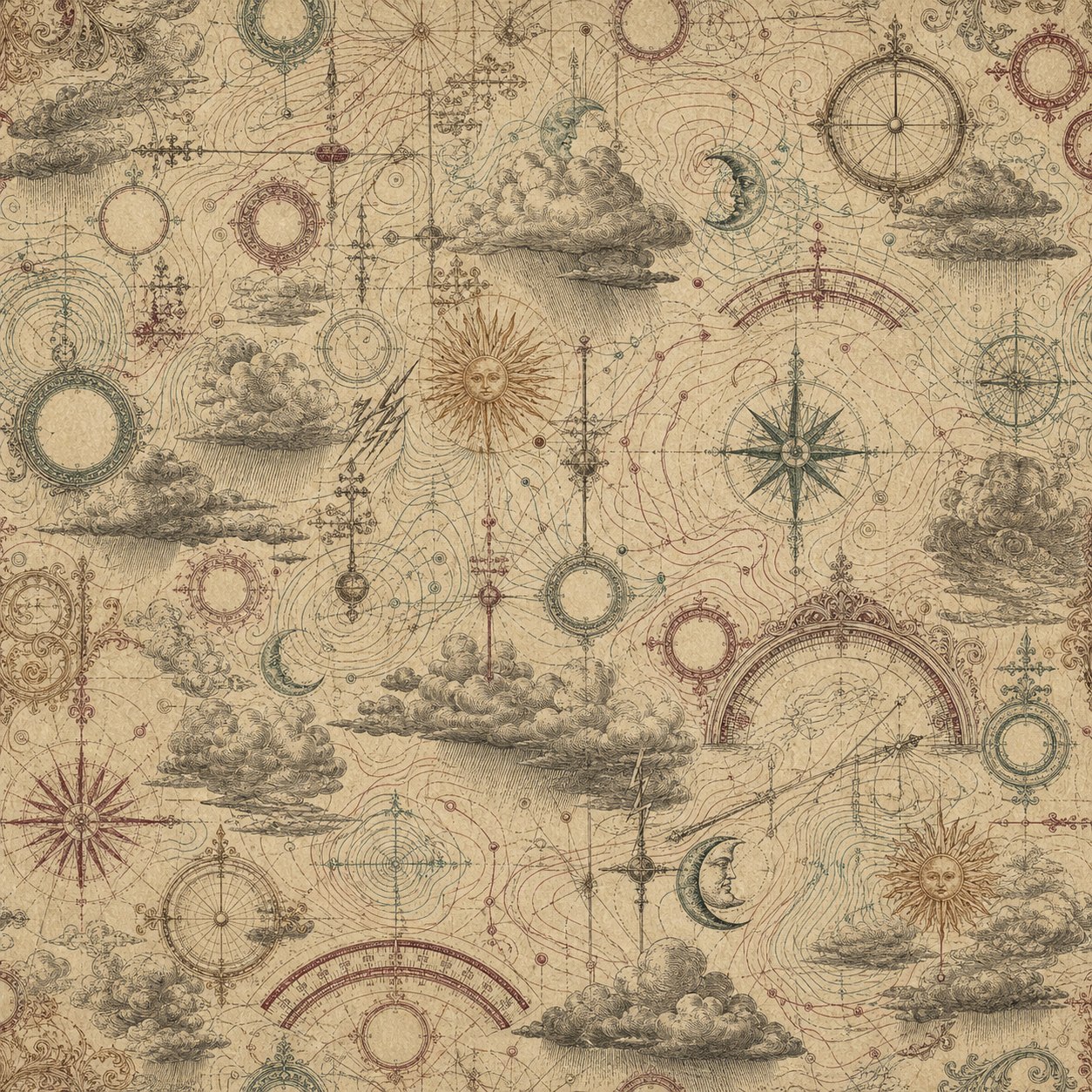 Dense engraved map of strange atmospheric collections
